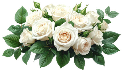 A realistic PNG of a bouquet of white roses, neatly arranged with soft petals and fresh greenery.
