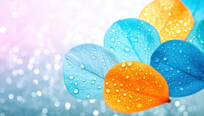 Vibrant blue and orange leaves with sparkling water droplets on a soft bokeh .