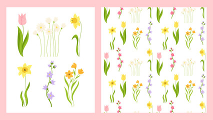 Flower seamless pattern and set of delicate textured flowers. Floral vintage springtime blossom trendy boundless background. Chamomile tulip daffodil endless design for print wrapper backdrop template