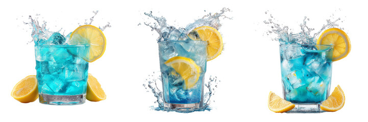 Set of A vibrant blue beverage in a clear glass with ice cubes and a fresh lemon slice garnish on transparent png background. Ai generated