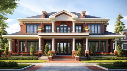 Stunning brick home with elegant architecture and manicured lawn perfect for luxury real estate marketing and upscale neighborhood visuals under sunny skies