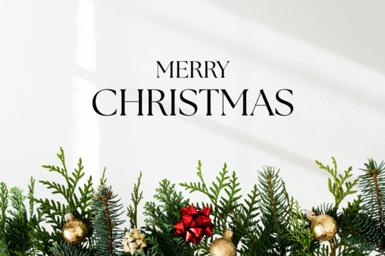 Minimalist Christmas greeting card with pine branches, golden ornaments, and a red ribbon on a white background. Elegant festive design for holiday decoration or seasonal celebration.