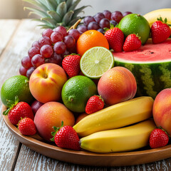 A wooden bowl filled with a variety of fresh fruits, including grapes, strawberries, bananas, and peaches.