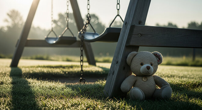 Lonely Teddy Bear Sitting Under Swings in Early Morning Light
A classic, light brown teddy bear with a bow and button detail is the central focus, sitting quietly