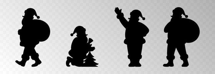 Santa Claus png with a big gift sack walking in snowy forest surrounded by Christmas trees, isolated on transparent background, space for holiday sale text, luxury New Year card vector