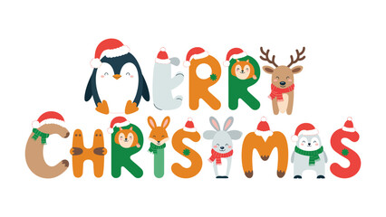 Holiday Cheer and Festive Fun: Joyful, whimsical characters spell out Merry Christmas, capturing the spirit of winter holiday season. 