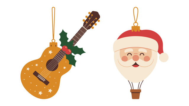 Festive Holiday Ornaments: Capturing the festive spirit of the season, a guitar and Santa Claus-shaped ornament exude warmth and anticipation, offering a visual treat.