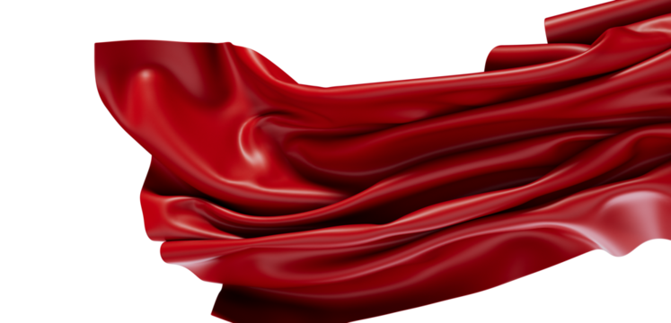 Close-up of a vibrant red silk cloth flowing, with a lustrous texture against a white backdrop. Perfect for luxury, fashion, and design visuals.