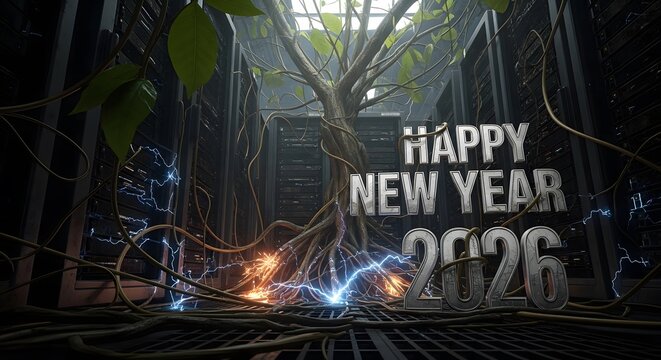 "Happy New Year 2026". A resilient vine with thick, woody stems has overgrown a massive, abandoned supercomputer server bank. The roots are interwoven with sparking, broken data cables, pulling nutrie