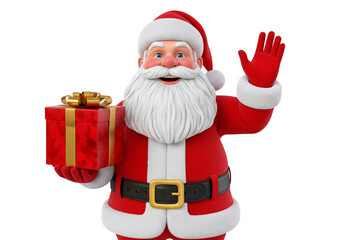 Cheerful Santa Claus Waving Hello and Holding a Christmas Gift - Festive Holiday Greeting Isolated on White