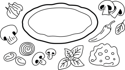 Pizza base and toppings doodle art: mushrooms, basil, garlic