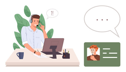Male agent wearing a headset interacts with a client on a video call. Includes desk, computer, speech bubbles. Ideal for customer support, remote assistance, communication, teamwork, helpdesk