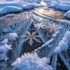 Winter wonderland scene with patterned ice and snow