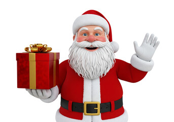 Jolly Santa Claus Waving Hello and Presenting a Christmas Gift on White Background