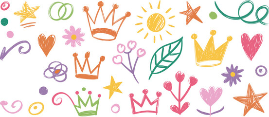 Playful hand-drawn doodle crowns, stars, hearts, flowers, sun