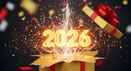 New year 2026 celebration gift box explosion with festive elements