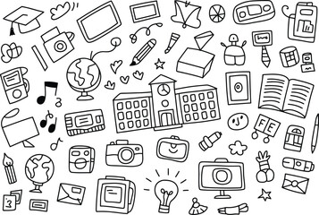 Educational elements and school supplies doodle art collection