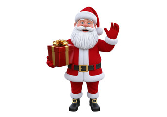 Happy Santa Claus Waving and Holding a Gift, Isolated 3D Render for Christmas Holidays