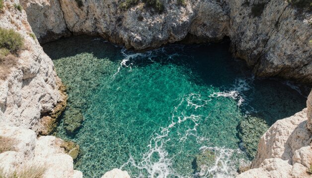 Breathtaking turquoise waters in a secluded rocky cove on a sunny day Generative AI