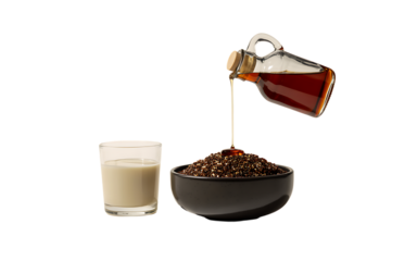Syrup pouring on cereal bowl isolated on transparent background