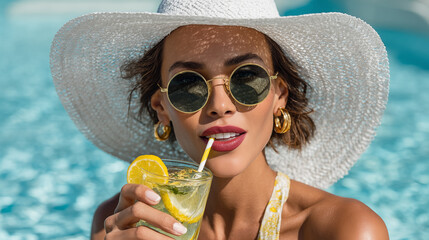 Attractive young woman in straw hat and sunglasses holding cocktail near swimming pool