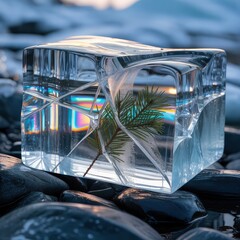 Pine branch frozen in clear ice cube on dark rocks.