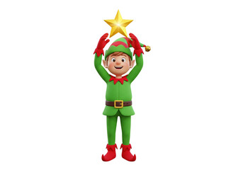 Cheerful 3D Christmas Elf Holding Up a Golden Star – Festive Holiday Symbol and Achievement
