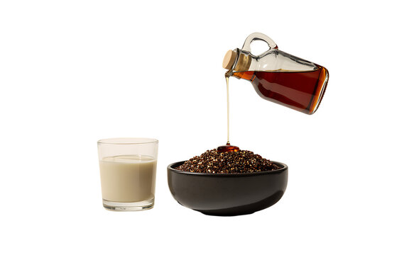 Syrup pouring on cereal bowl isolated on transparent background