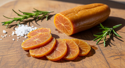 Salted Mullet Roe with Herbs and Sea Salt on Wooden Board