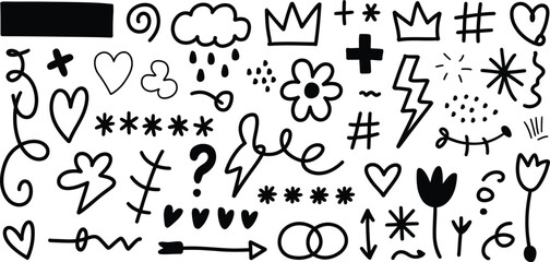 Whimsical hand drawn doodle icons and symbols for creative projects