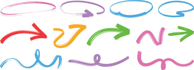 Colorful hand drawn arrows and highlight circles brush strokes