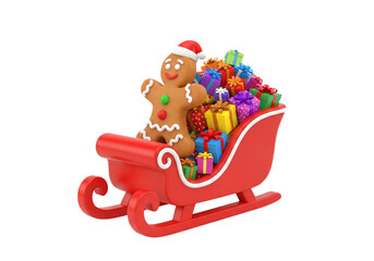 Festive Gingerbread Man in Santa Sleigh Delivering Christmas Gifts - Whimsical 3D Holiday Character