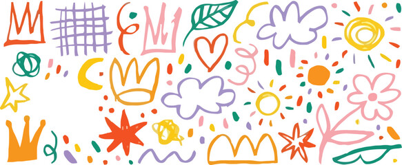 Playful colorful hand drawn doodle elements pattern on white.