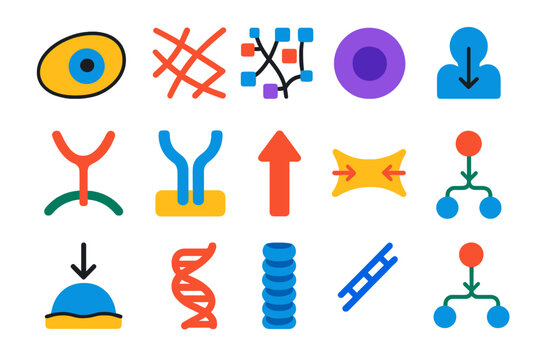 Mechanobiology Icon Set. Flat vector icons of mechanobiology concepts: cell, cytoskeleton, extracellular matrix, nucleus, adhesion