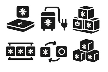 Scalable Cooling Icons. Solid style icons of scalable refrigeration: modular magnet unit, plug-and-play cooler, stackable cooling