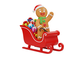 Cheerful Gingerbread Man Waving from Santa's Sleigh Full of Holiday Gifts - 3D Illustration on White Background