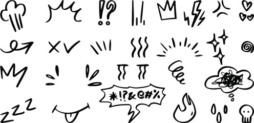Hand drawn comic doodle elements set for various expressive design