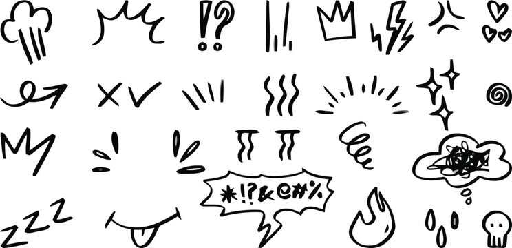 Hand drawn comic doodle elements set for various expressive design