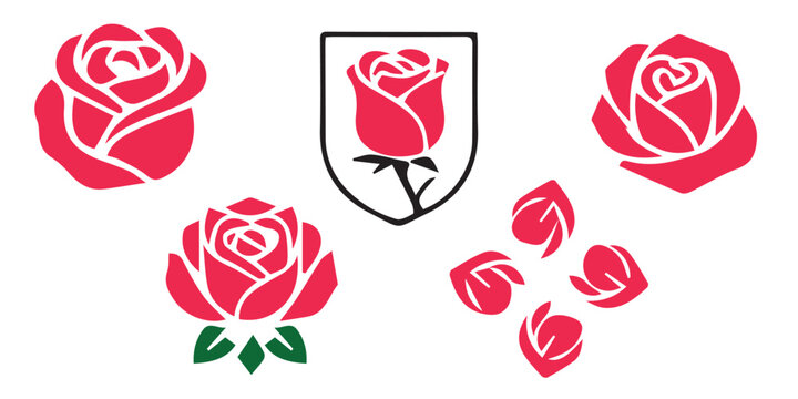 A collection of five different stylized red rose logos and icons isolated on a white background.