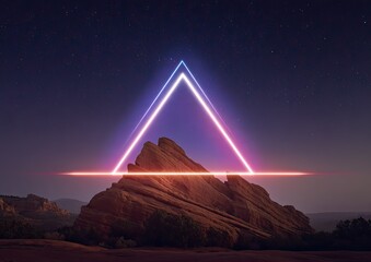 Glowing neon triangle and beam over rugged rocks under starry night sky