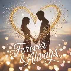 Couple holding hands under golden heart particles.