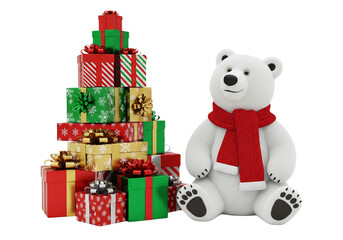 Festive Joy: Cute Polar Bear in Red Scarf Sits Beside a Tower of Christmas Presents