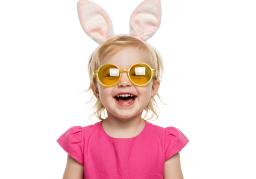 Young blonde toddler in pink sundress, bunny ears, yellow sunglasses, wide joyful smile on transparent studio background, radiating cheerful childhood joy and festive Easter atmosphere