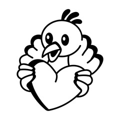 A hand drawn icon depicting a turkey holding heart 