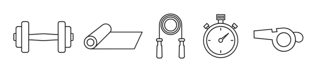 Fototapeta premium Black outline illustrations of a dumbbell, exercise mat, jump rope, stopwatch, and whistle arranged in a row, representing fitness and workout essentials.