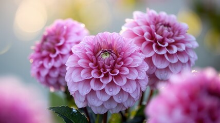Closeup of three vibrant pink dahlia flowers in full bloom, showcasing their intricate petal arrangement and soft texture