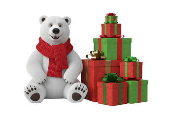 Cheerful Polar Bear in Red Scarf Sits Beside a Stack of Festive Christmas Presents on White Background