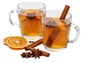 Two clear glass mugs with warm mulled wine, garnished with cinnamon sticks and surrounded by star anise, cloves, and dried orange, on a transparent background, inviting holiday season atmosphere