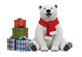 Happy 3D Polar Bear in Red Scarf Sitting with Stacked Christmas Gifts Isolated on White Background