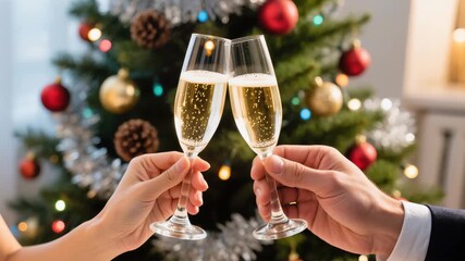 Close-up of a man and woman holding champagne glasses for a holiday toast in front of a decorated Christmas tree. Bokeh lights and baubles in the background. Elegant and festive moment. - Powered by Adobe